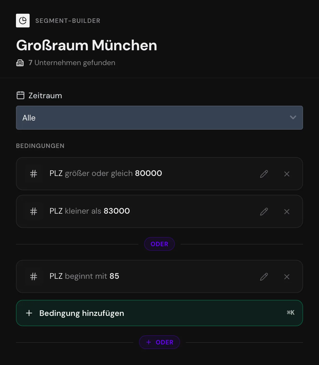 Das Beispielsegment Großraum München mit zwei ODER-Gruppen