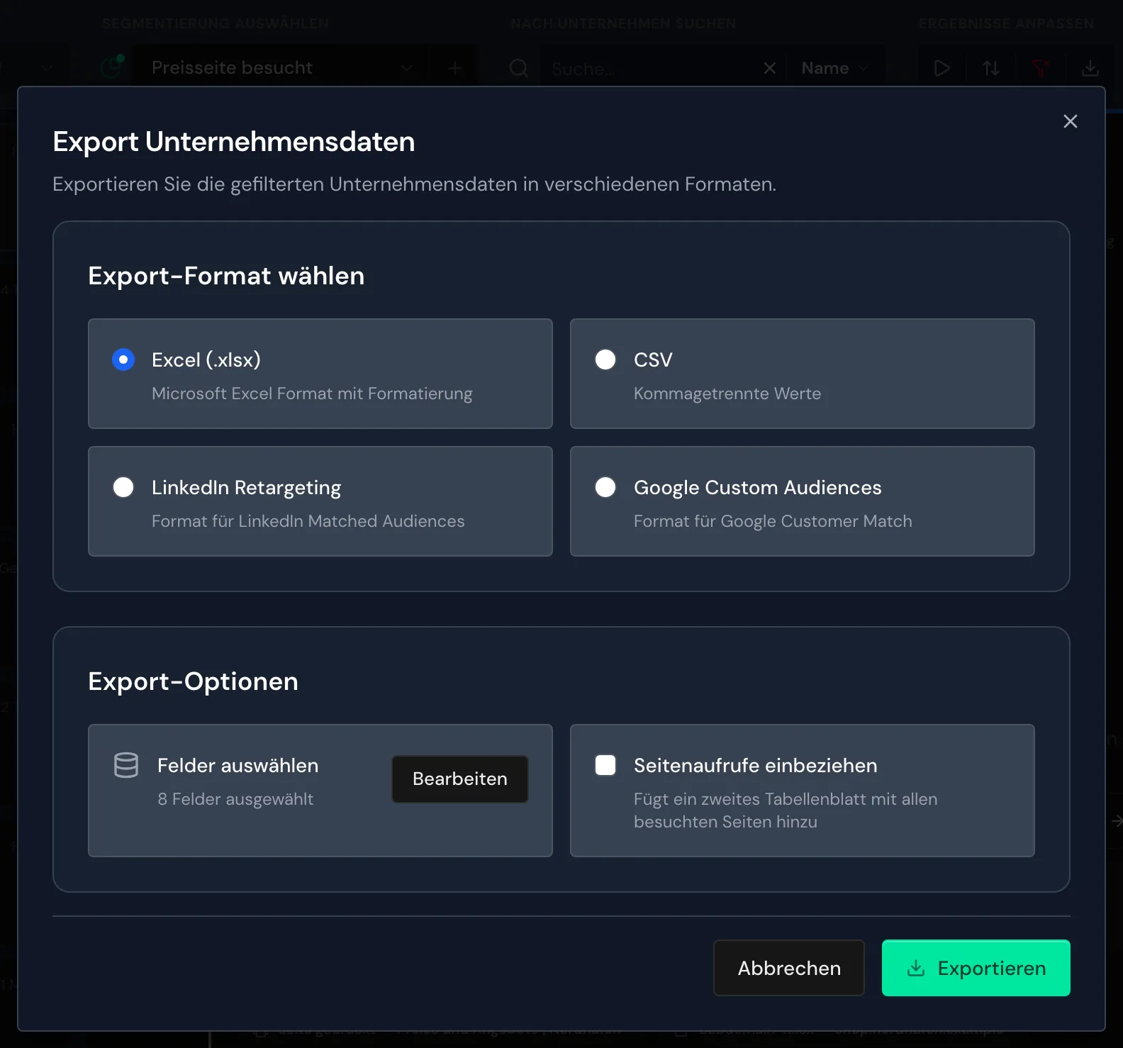 Das Fenster Export Unternehmensdaten über der Liste mit einem aktiven Segment