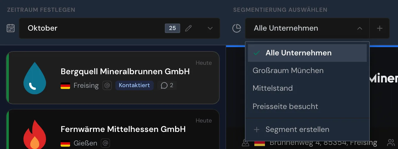 Die geöffnete Segmentauswahl mit drei Segmenten und Segment erstellen