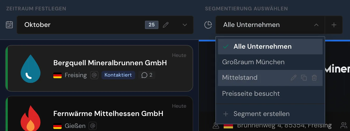 Die Segmentauswahl mit Stift, Kopiersymbol und Papierkorb an einem Segment
