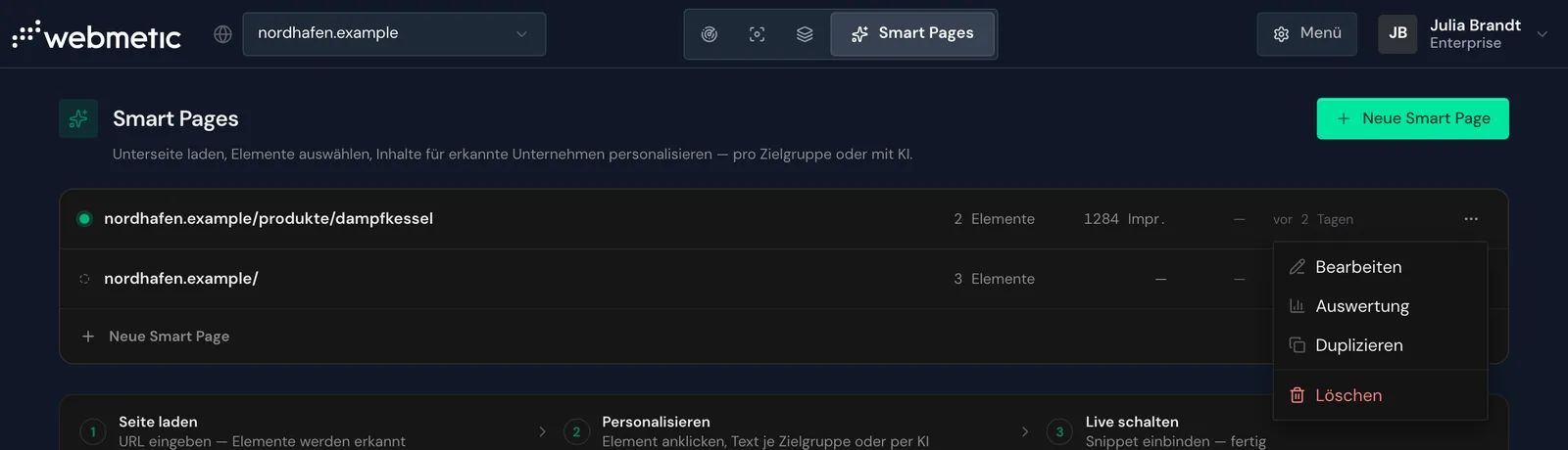 Die Liste der Smart Pages mit geöffnetem Menü und dem Eintrag Auswertung