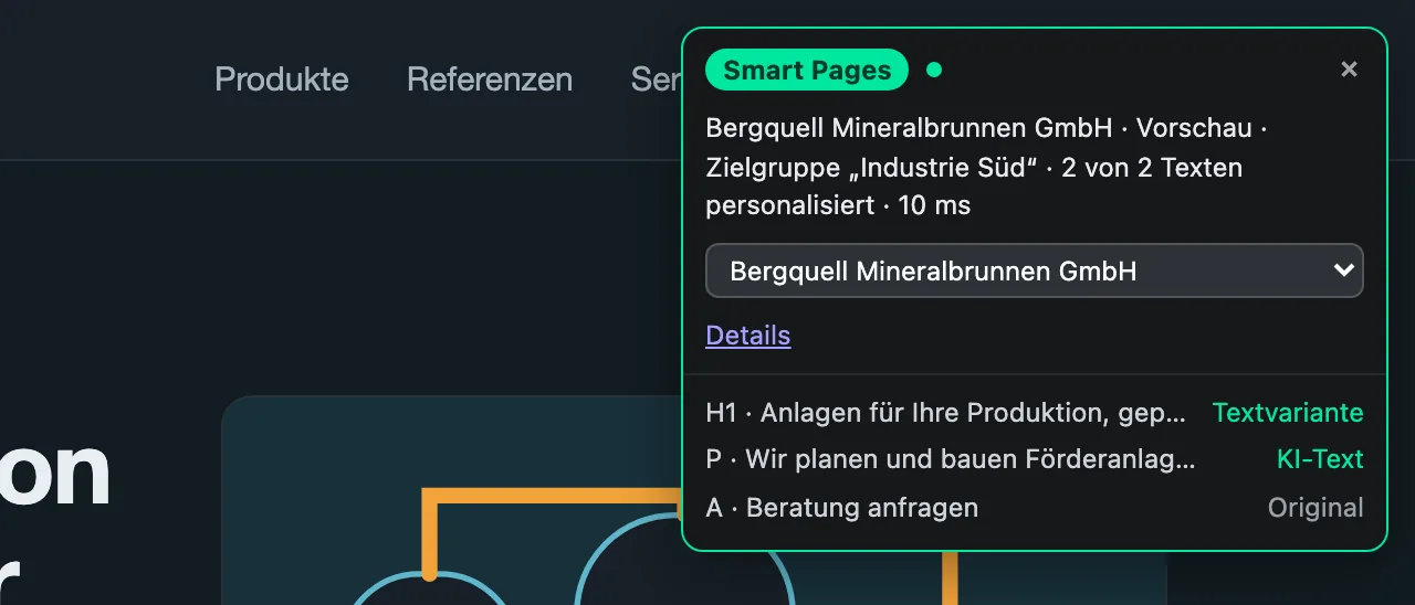 Die Testbox auf dem Test-Link mit Unternehmen, Zielgruppe und aufgeklappten Details