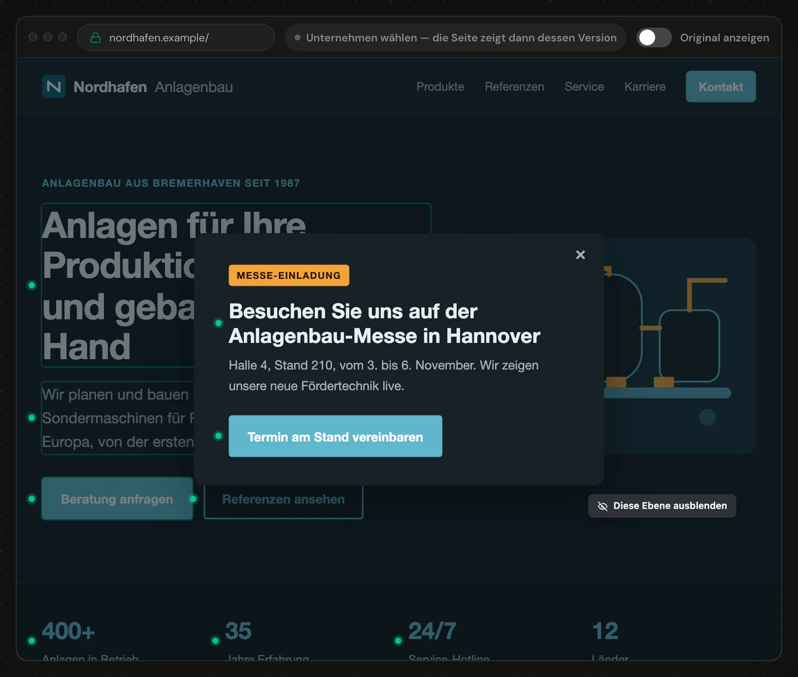 Ein Popup in der Kopie mit der Schaltfläche Diese Ebene ausblenden