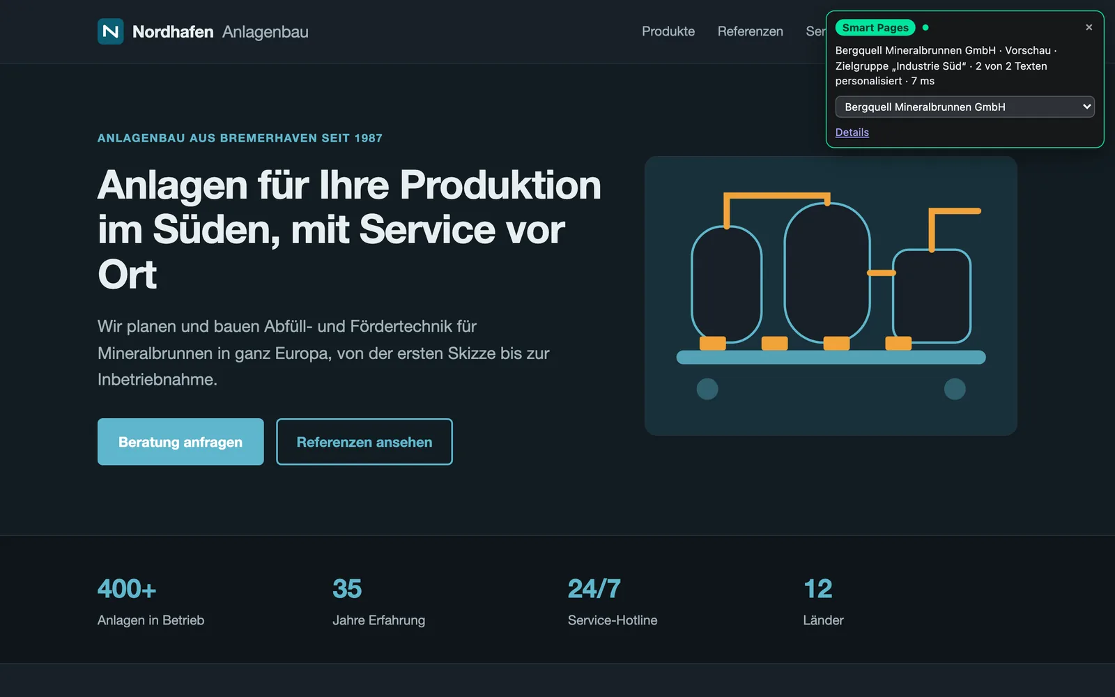 Die Seite von Nordhafen Anlagenbau mit den Texten für Bergquell Mineralbrunnen und der eingeklappten Testbox