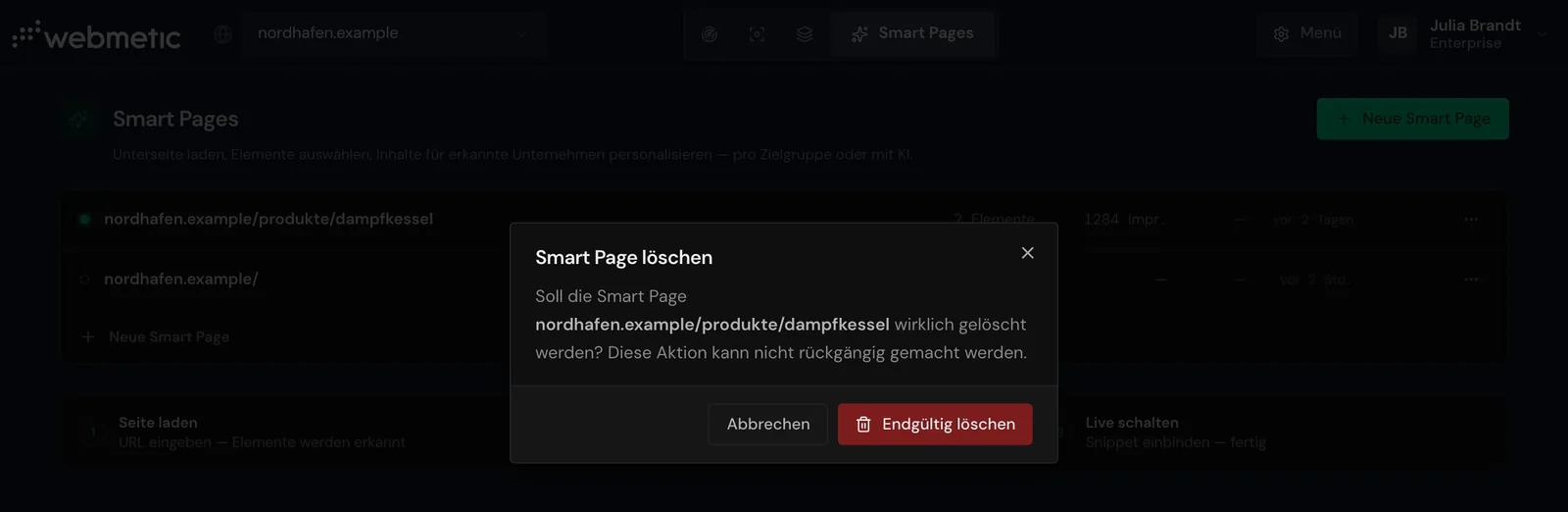 Der Dialog Smart Page löschen über der Liste der Smart Pages