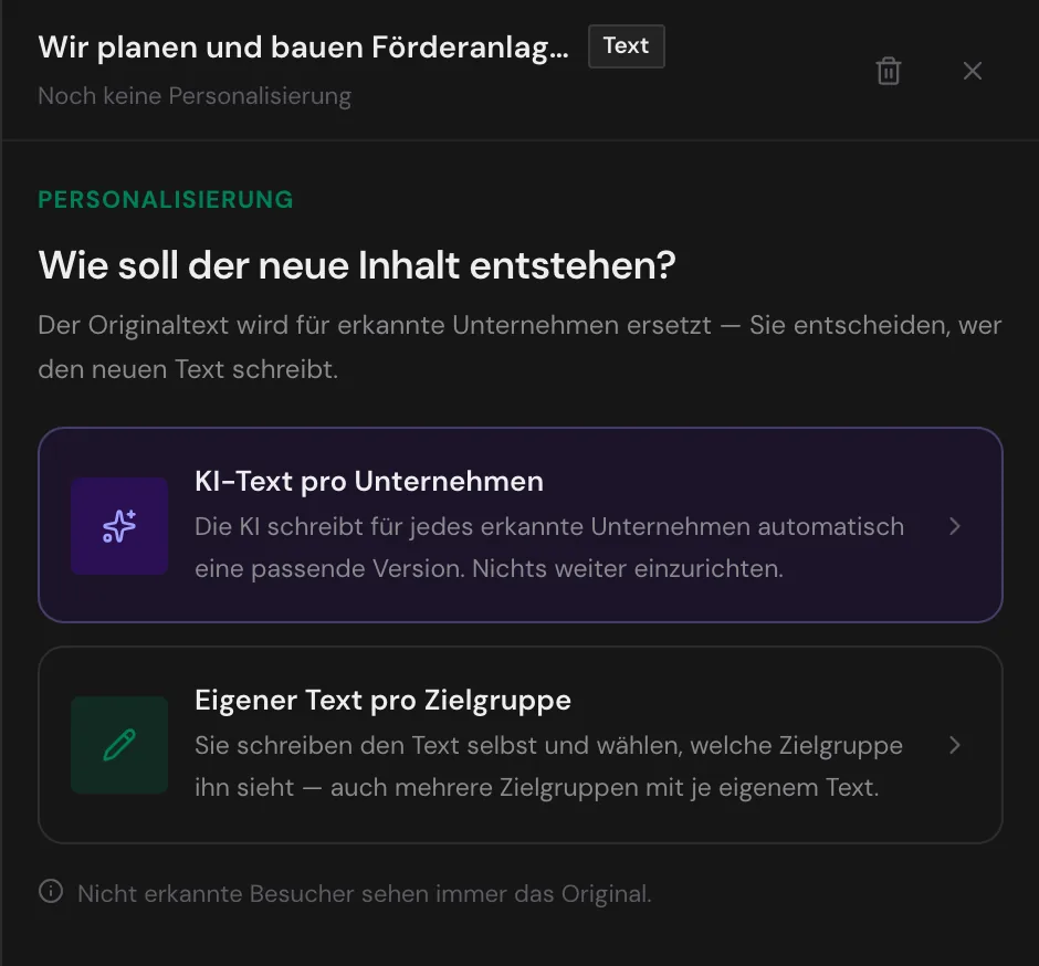 Die Seitenleiste mit den Methoden KI-Text pro Unternehmen und Eigener Text pro Zielgruppe