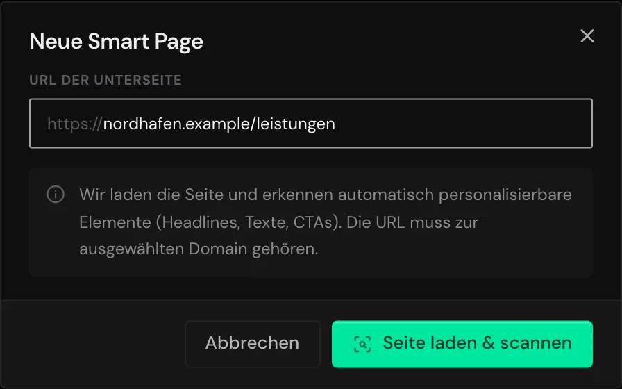 Der Dialog Neue Smart Page mit ausgefüllter URL der Unterseite