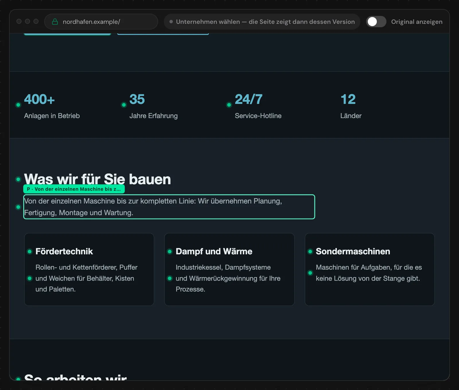 Der Editor beim Zeigen auf einen Absatz, mit Rahmen und Schild