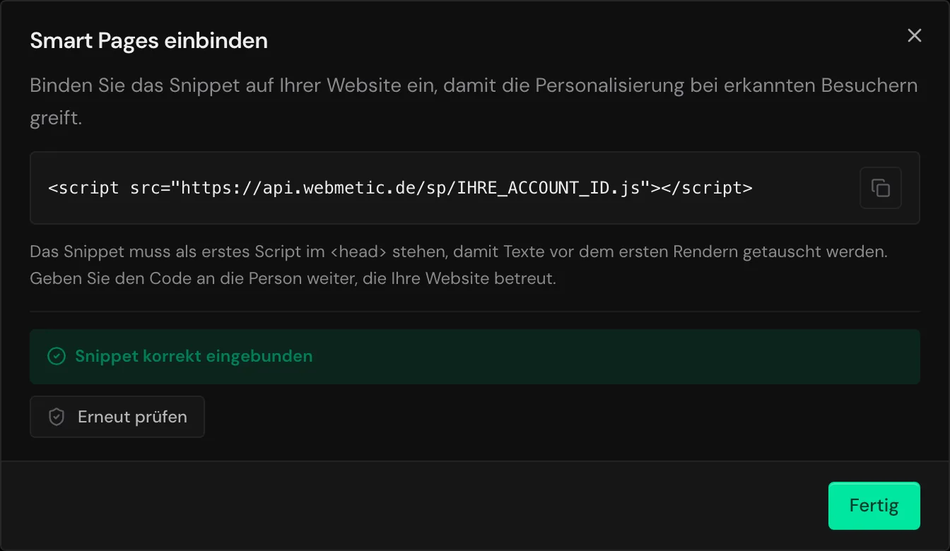Der Dialog Smart Pages einbinden mit dem Smart-Pages-Code und der Meldung Snippet korrekt eingebunden
