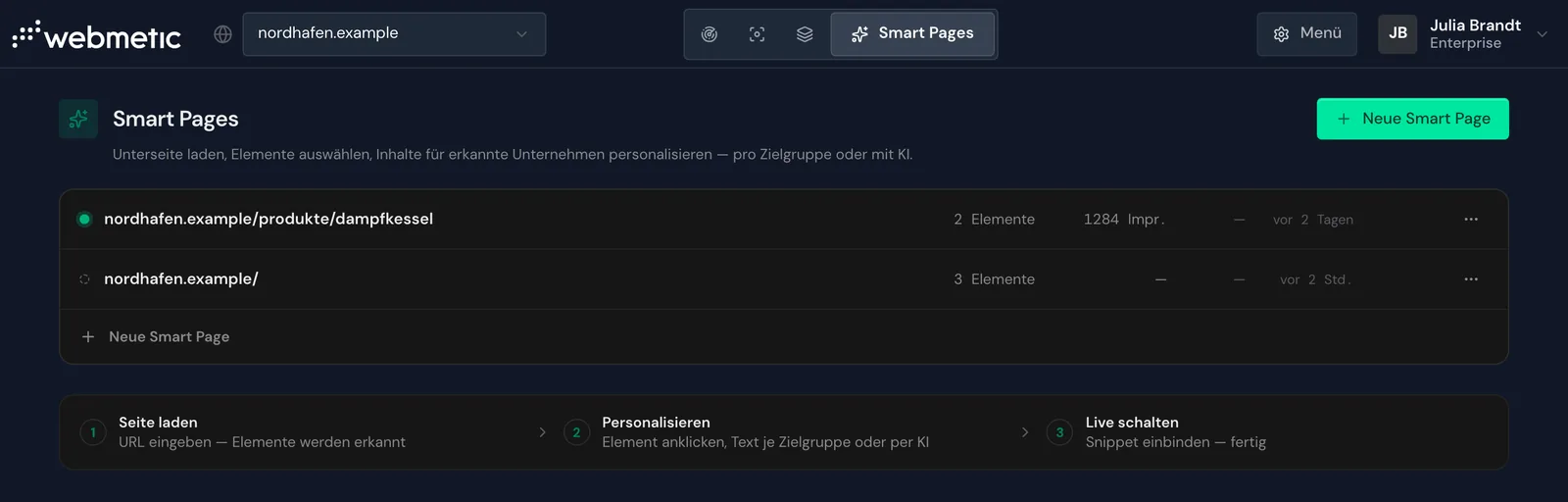 Die Liste der Smart Pages mit einer live geschalteten Seite und einem Entwurf