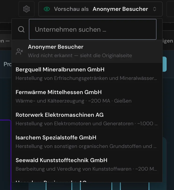 Die geöffnete Liste Vorschau als mit Unternehmen, die die Website besucht haben