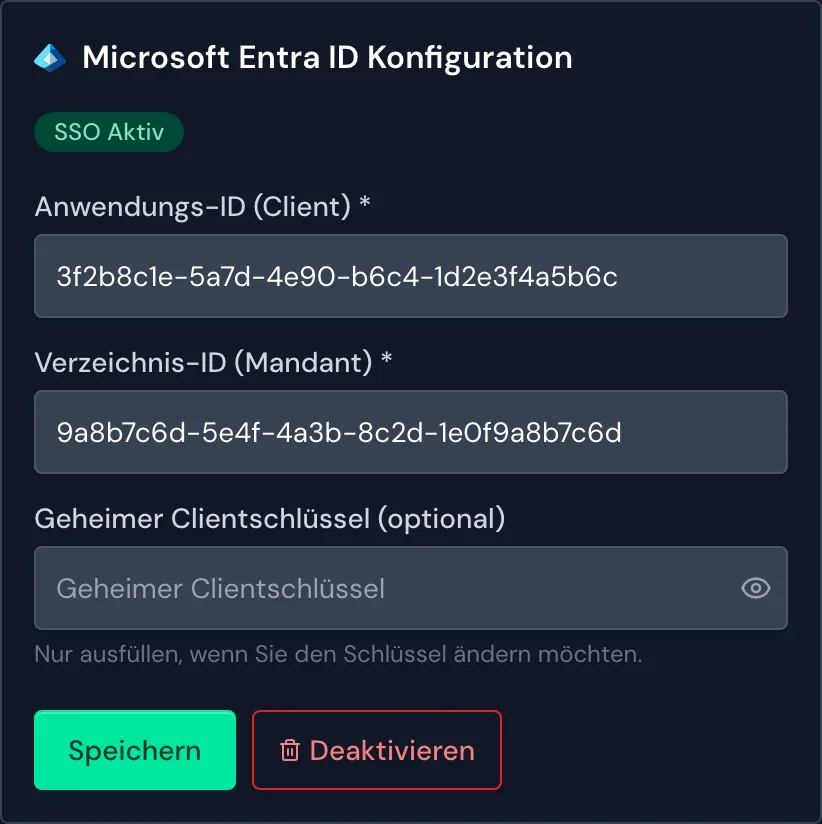 Das Fenster SSO Einstellungen mit gespeicherter Konfiguration und dem Status SSO Aktiv