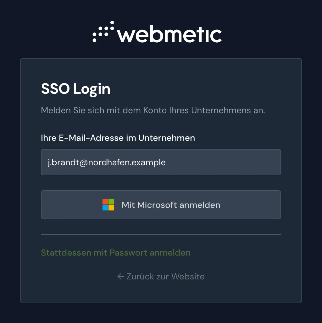 Die Seite SSO Login mit einer E-Mail-Adresse