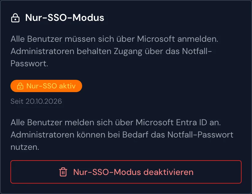 Der Bereich Nur-SSO-Modus im eingeschalteten Zustand
