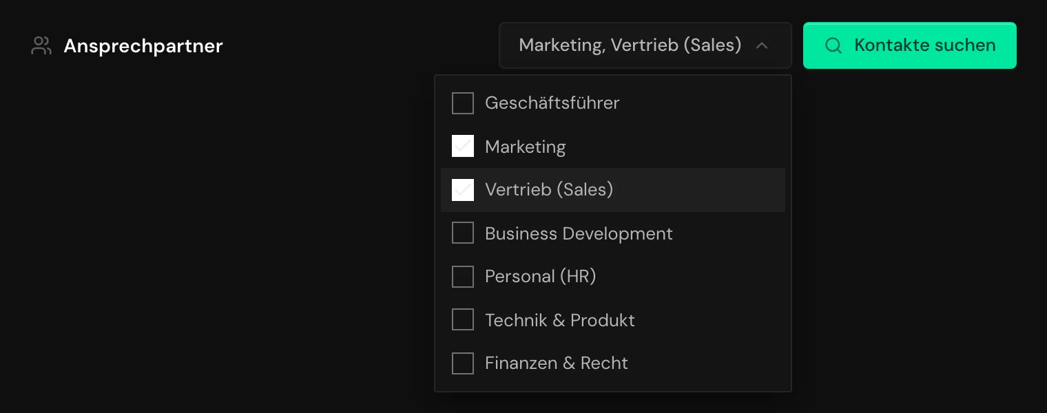 Die Abteilungsauswahl im Bereich Ansprechpartner mit Marketing und Vertrieb