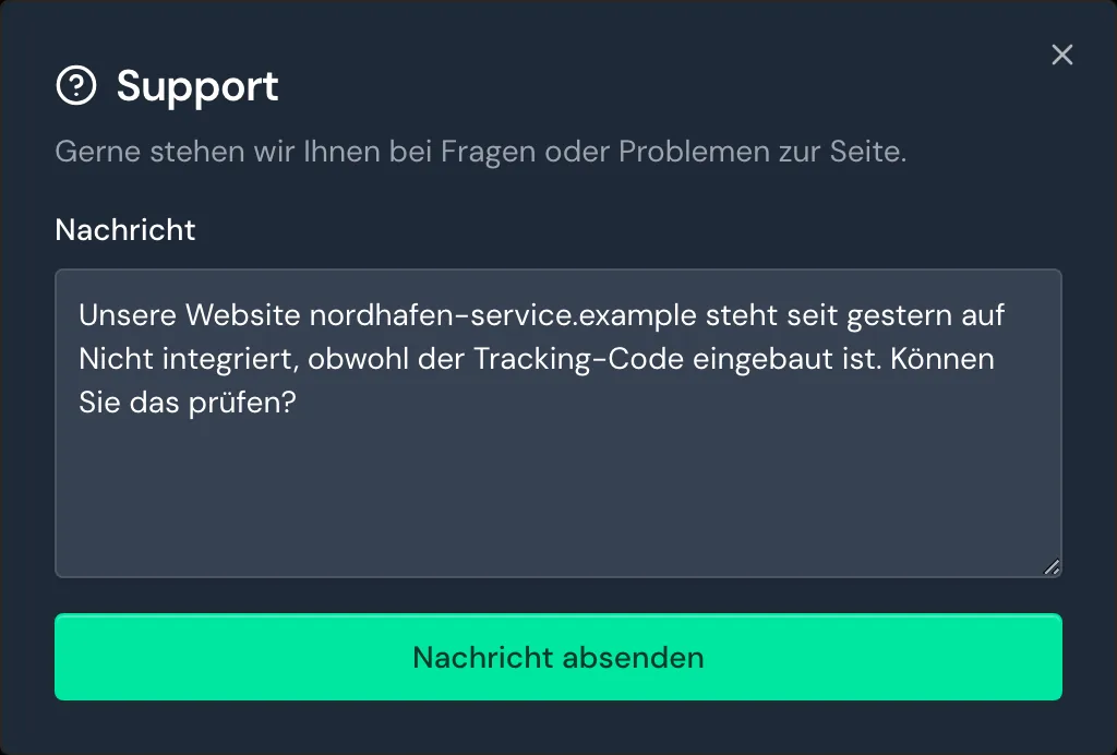 Das Fenster Support mit einer Frage im Feld Nachricht