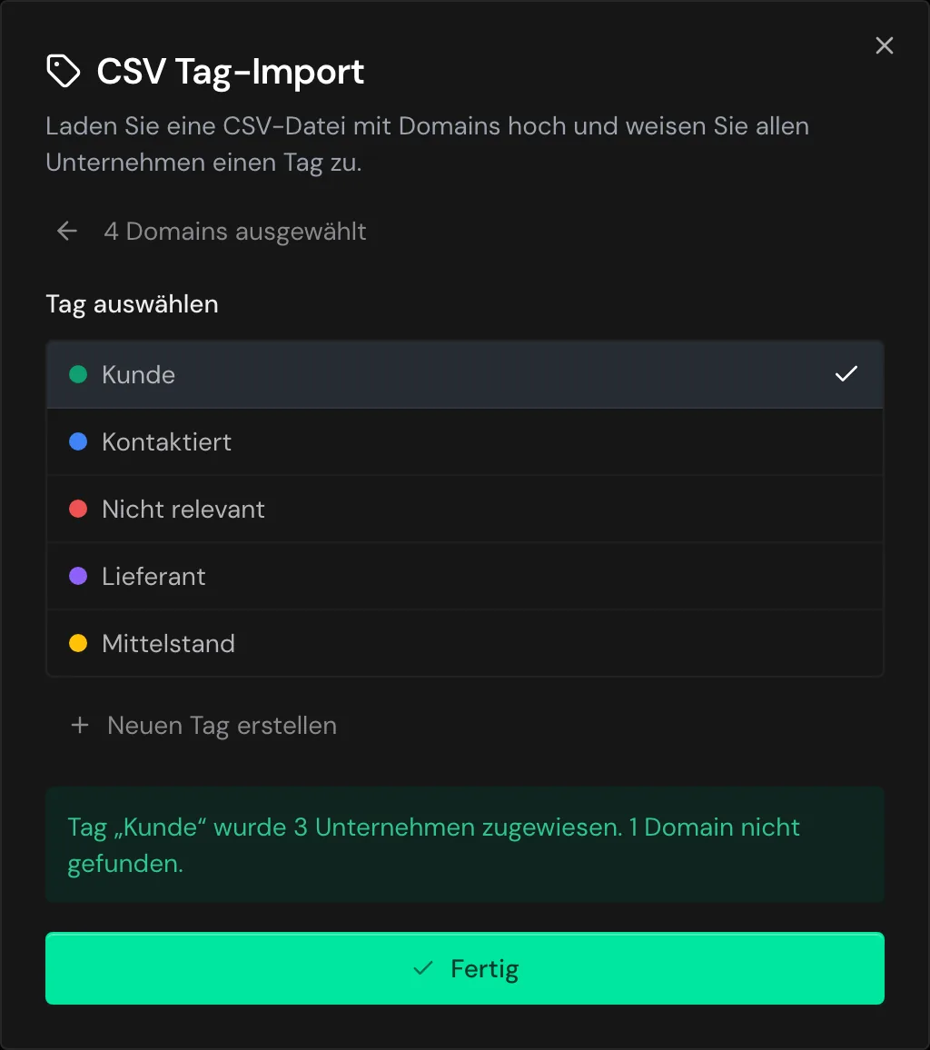Das Ergebnis des CSV Tag-Imports mit einer nicht gefundenen Domain