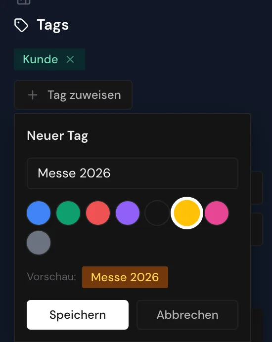 Das Formular Neuer Tag mit Name, Farbauswahl und Vorschau
