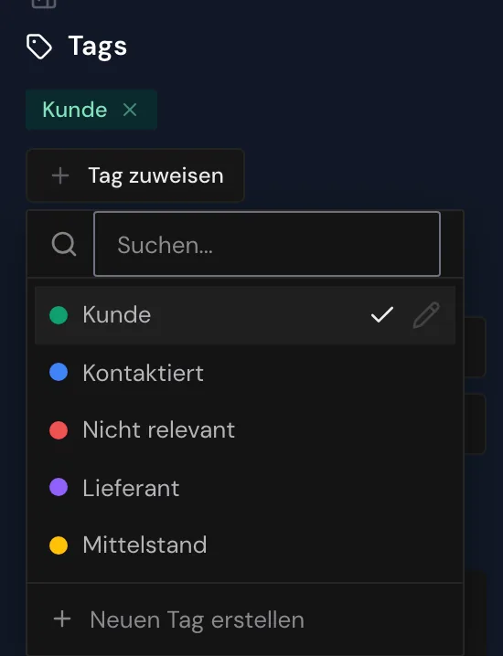 Die Tag-Auswahl im Profil von Fermtec Pharma mit dem Tag Kunde