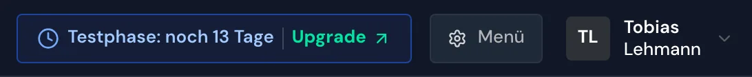 Die obere Leiste mit der Anzeige Testphase: noch 13 Tage und Upgrade