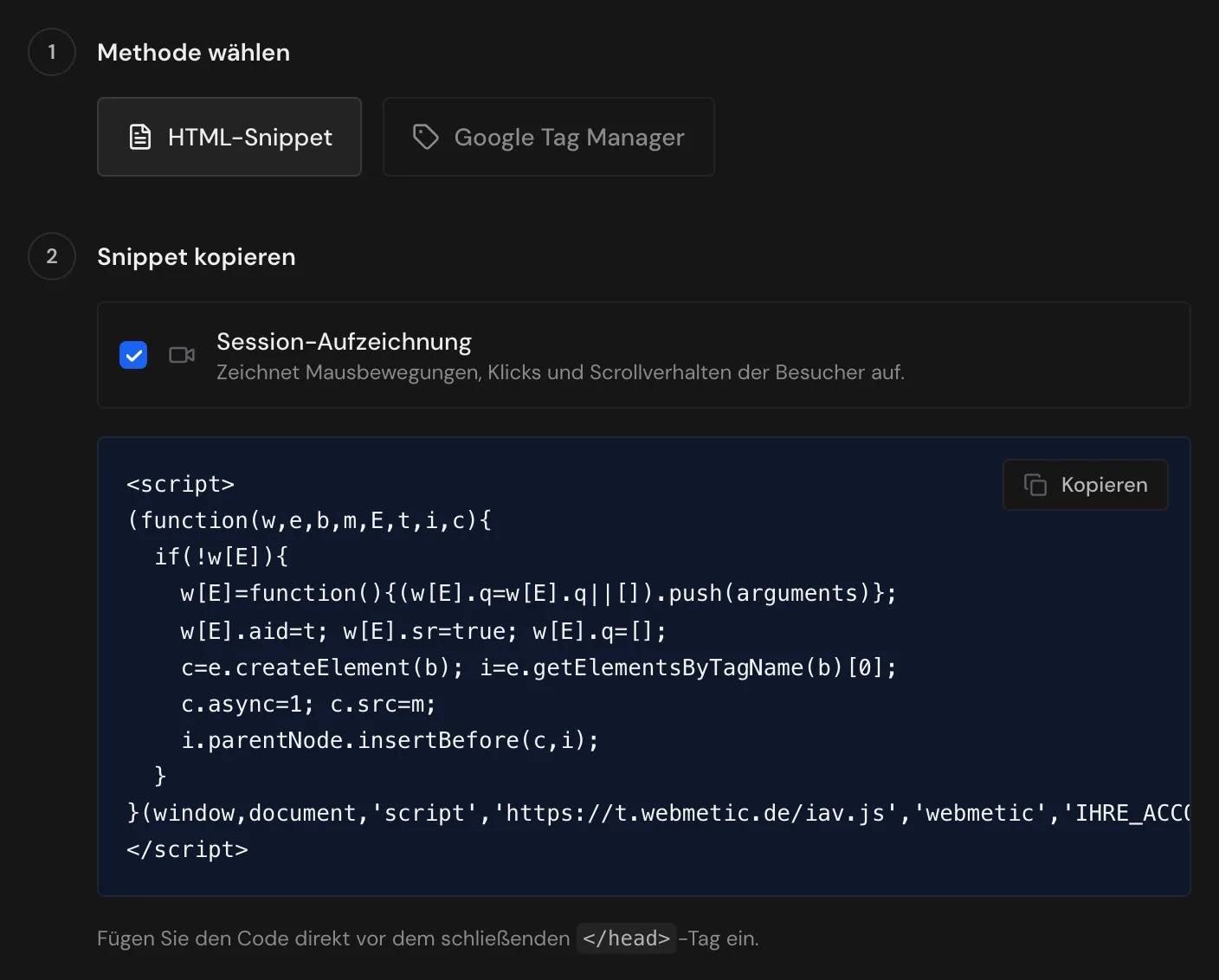 Der Tracking-Code im Dashboard mit der Schaltfläche Kopieren