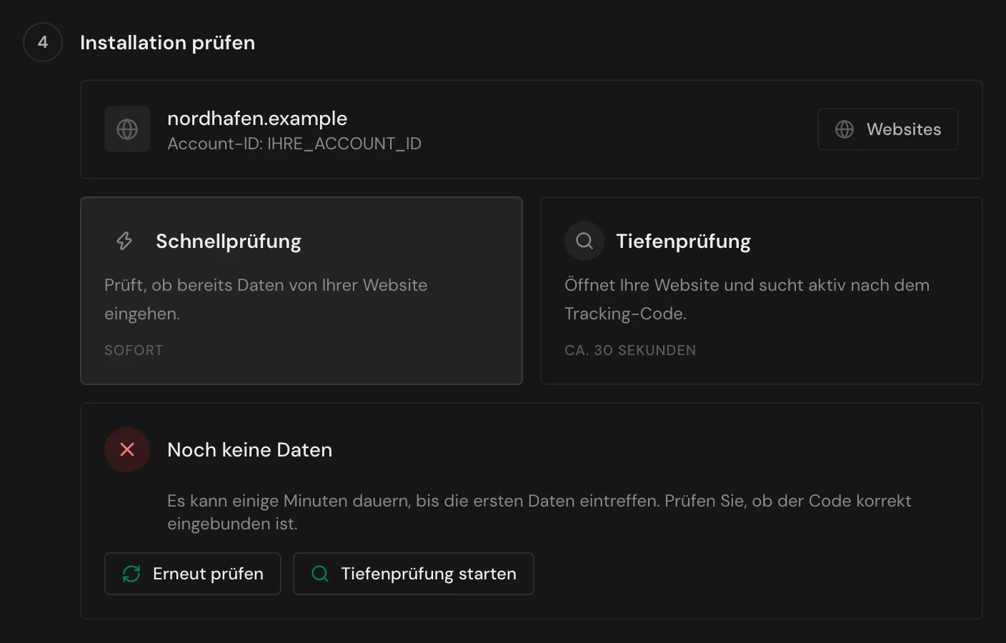 Die Schnellprüfung mit dem Ergebnis Noch keine Daten