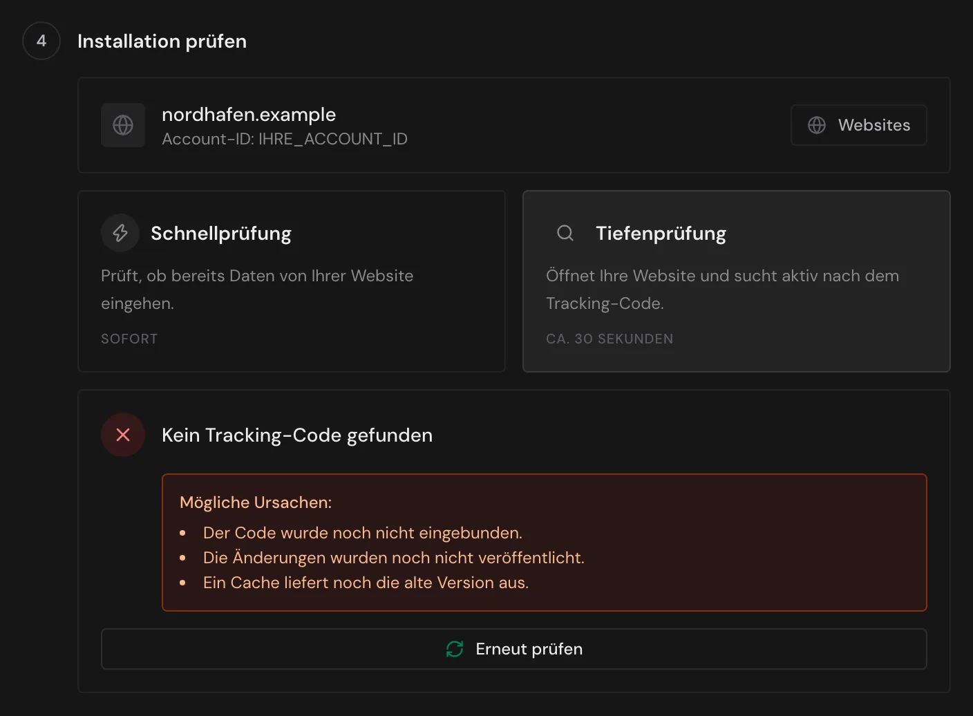 Die Tiefenprüfung mit dem Ergebnis Kein Tracking-Code gefunden