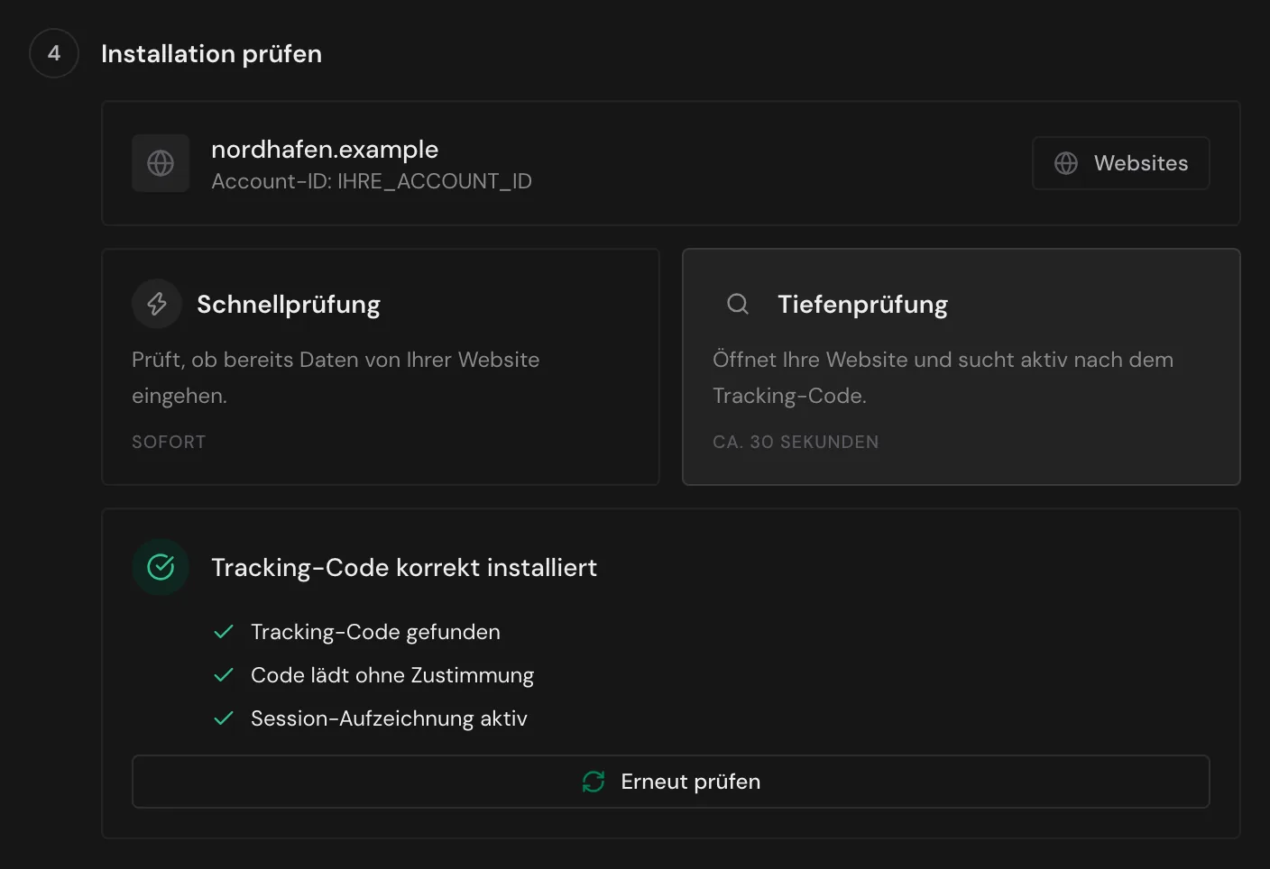 Die Tiefenprüfung mit dem Ergebnis Tracking-Code korrekt installiert