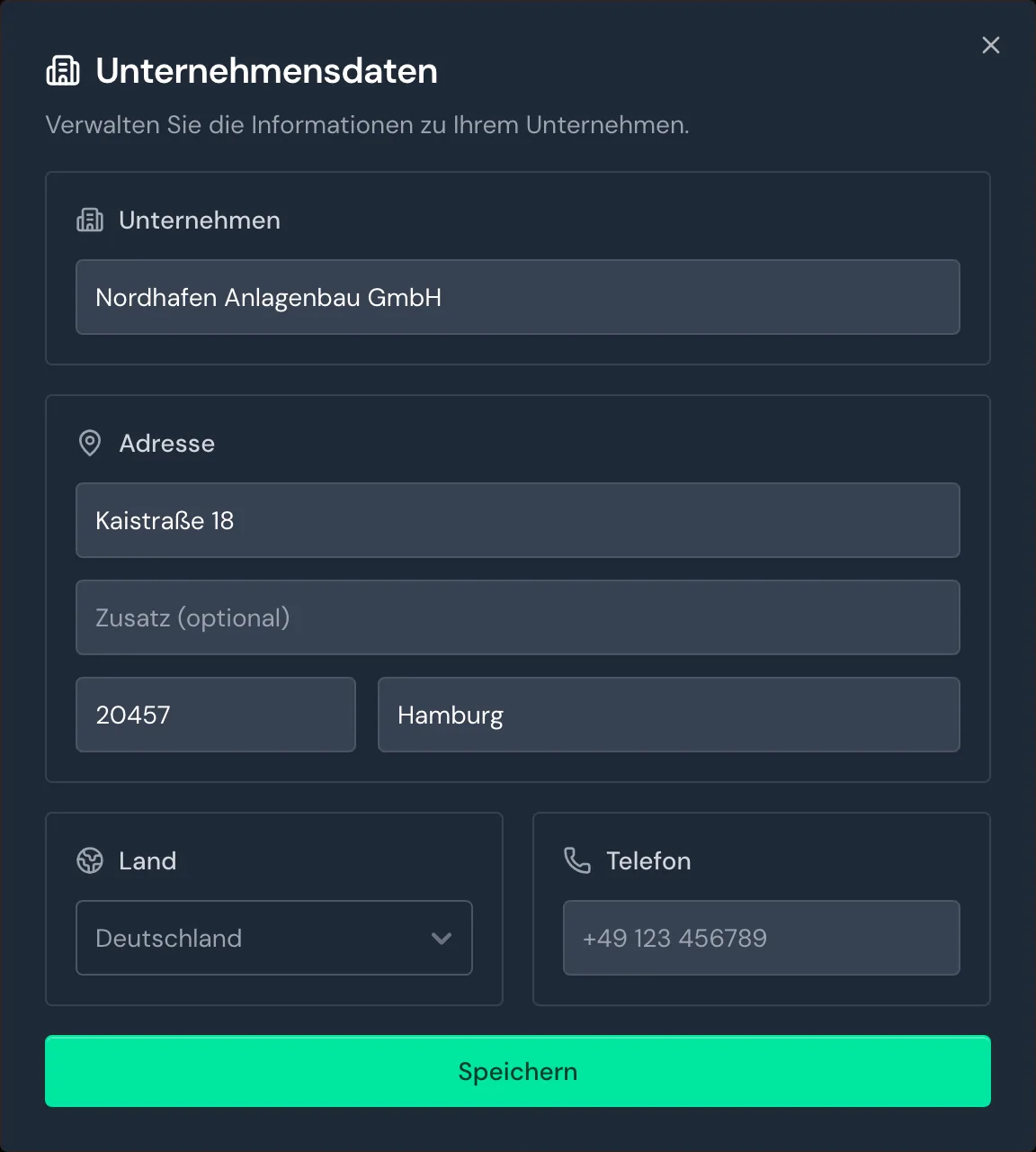 Das Fenster Unternehmensdaten mit Name, Adresse und Land von Nordhafen Anlagenbau