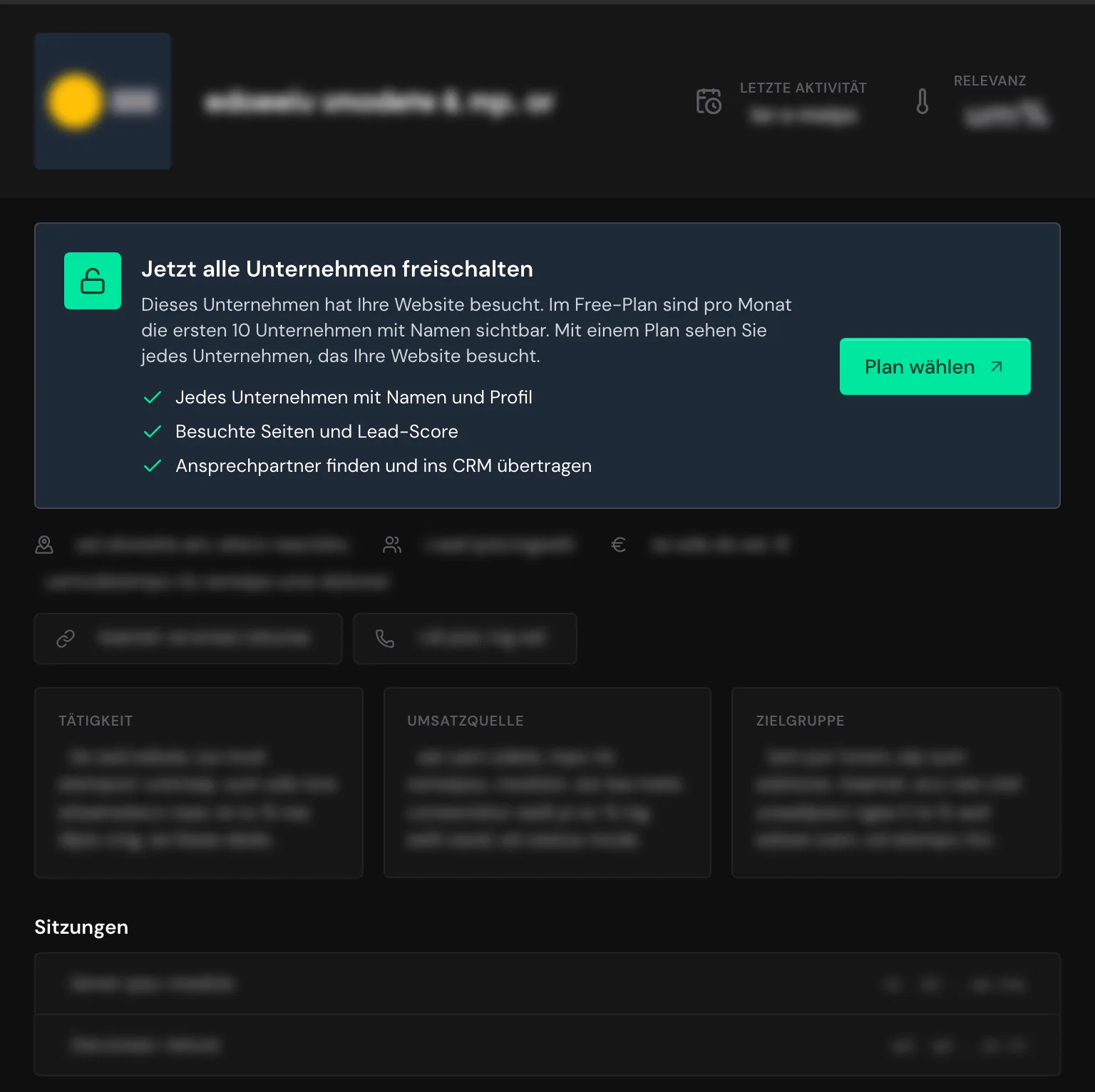 Ein verborgenes Unternehmen im Free-Plan mit dem Hinweis Jetzt alle Unternehmen freischalten