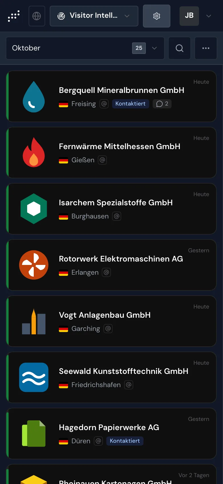 Die Unternehmensliste auf dem Smartphone mit Zeitraum, Suche und Weitere Optionen
