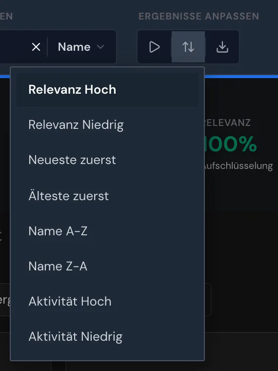 Das Sortiermenü mit acht Sortierungen und Relevanz Hoch als Standard
