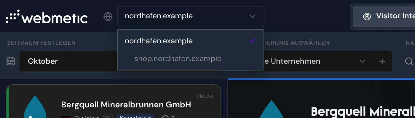 Die Website-Auswahl mit eingerückten Subdomains