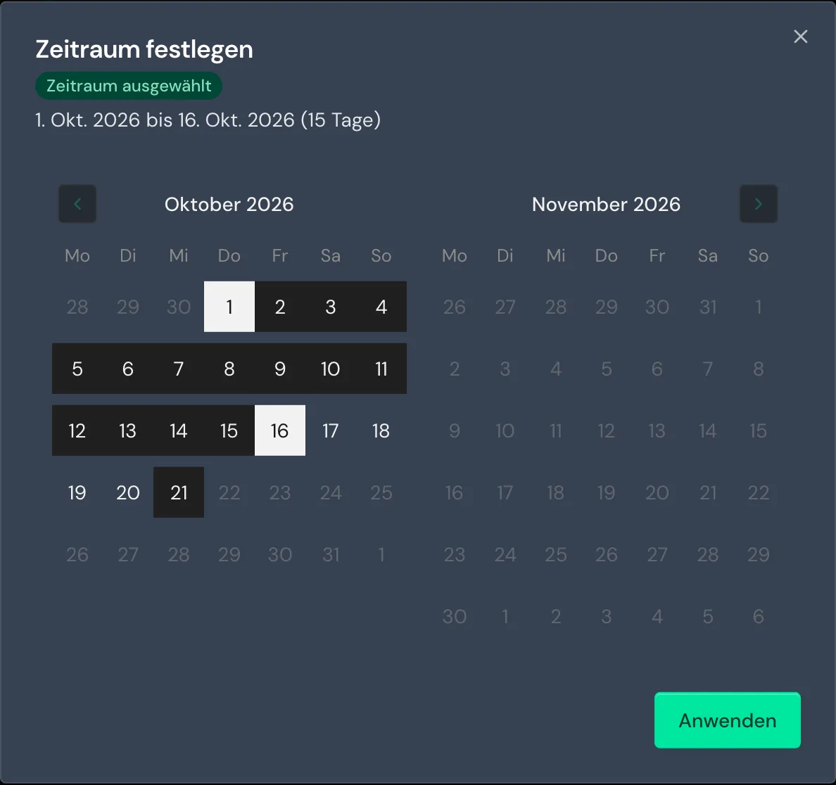 Das Fenster Zeitraum festlegen mit einem gewählten Zeitraum