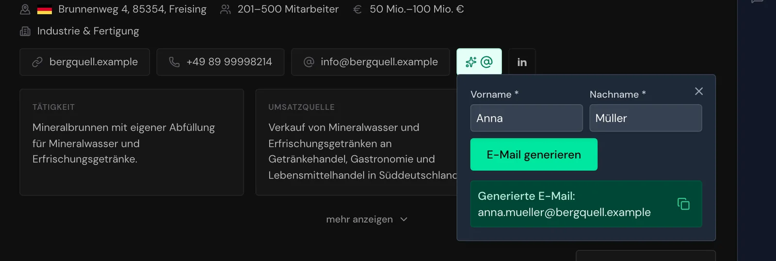 Der E-Mail-Generator mit Vorname, Nachname und der generierten Adresse