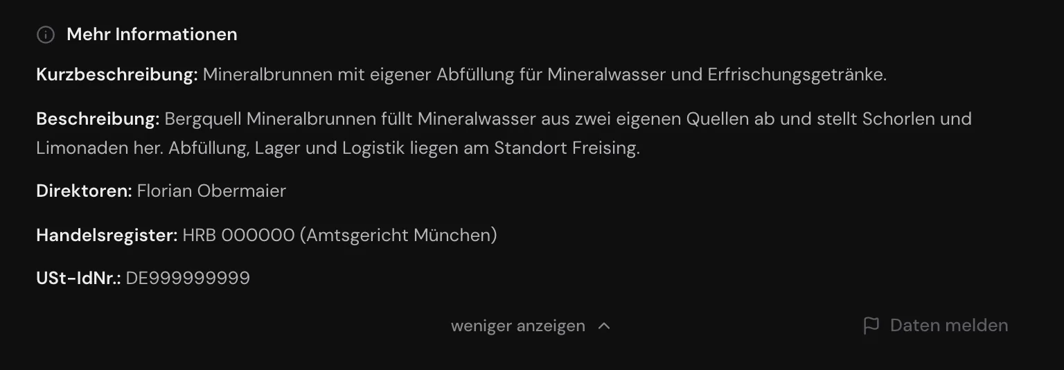 Der aufgeklappte Bereich Mehr Informationen mit Handelsregister, USt-IdNr. und der Schaltfläche Daten melden
