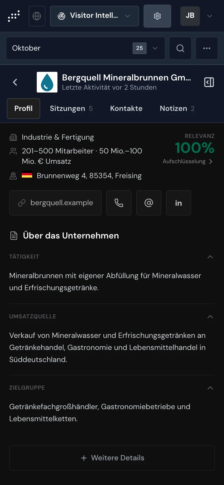Das Profil auf dem Smartphone mit den Tabs Profil, Sitzungen, Kontakte und Notizen