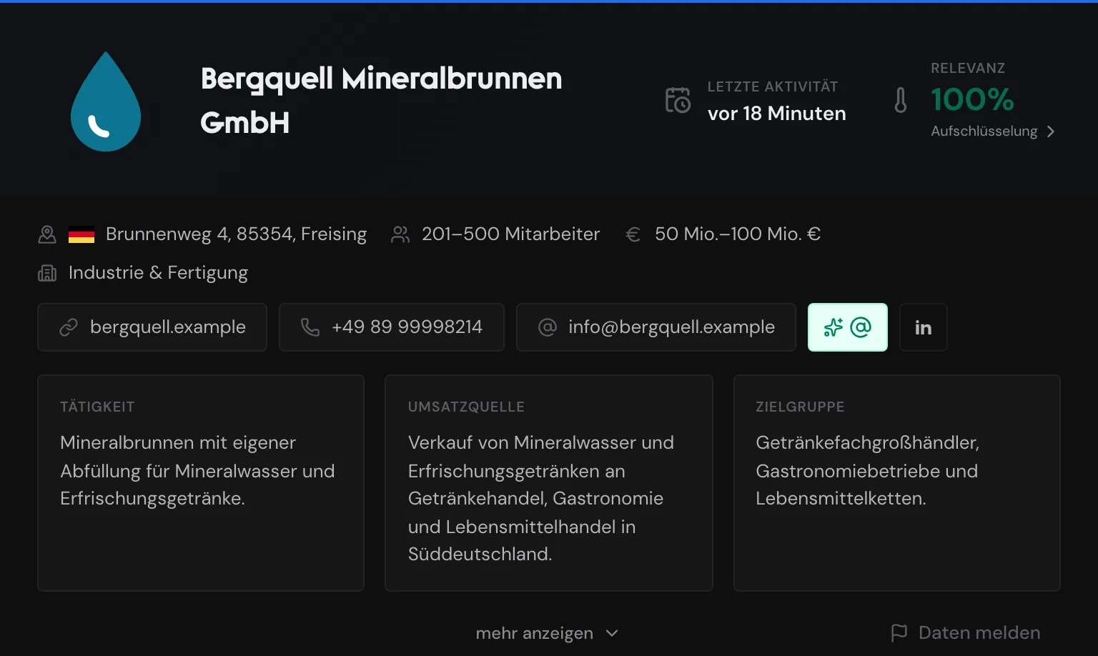 Das Profil von Bergquell Mineralbrunnen mit Kopfzeile, Unternehmensdaten, Kontaktwegen und den drei Beschreibungen