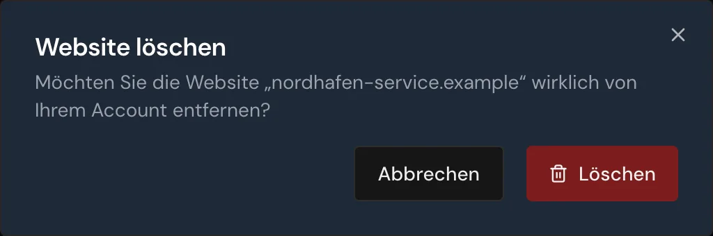 Das Fenster Website löschen vor der Bestätigung
