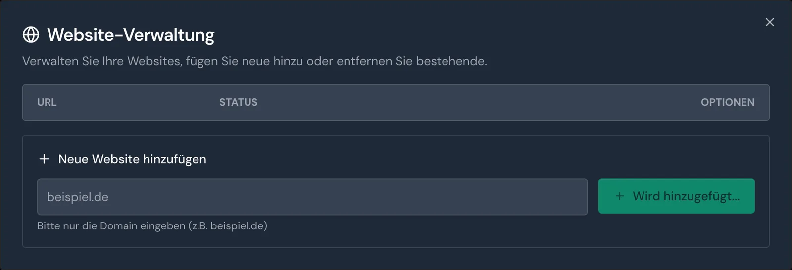 Die Website-Verwaltung mit dem Status Aktiv