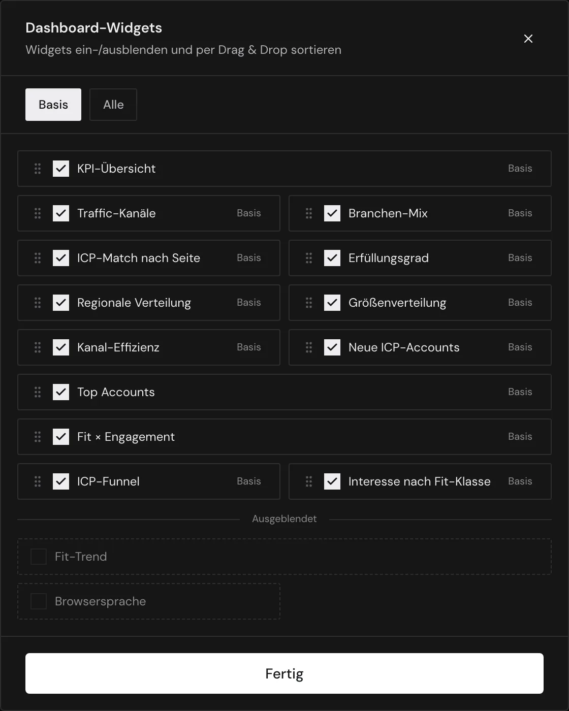 Der Dialog Dashboard-Widgets mit eingeblendeten und ausgeblendeten Widgets