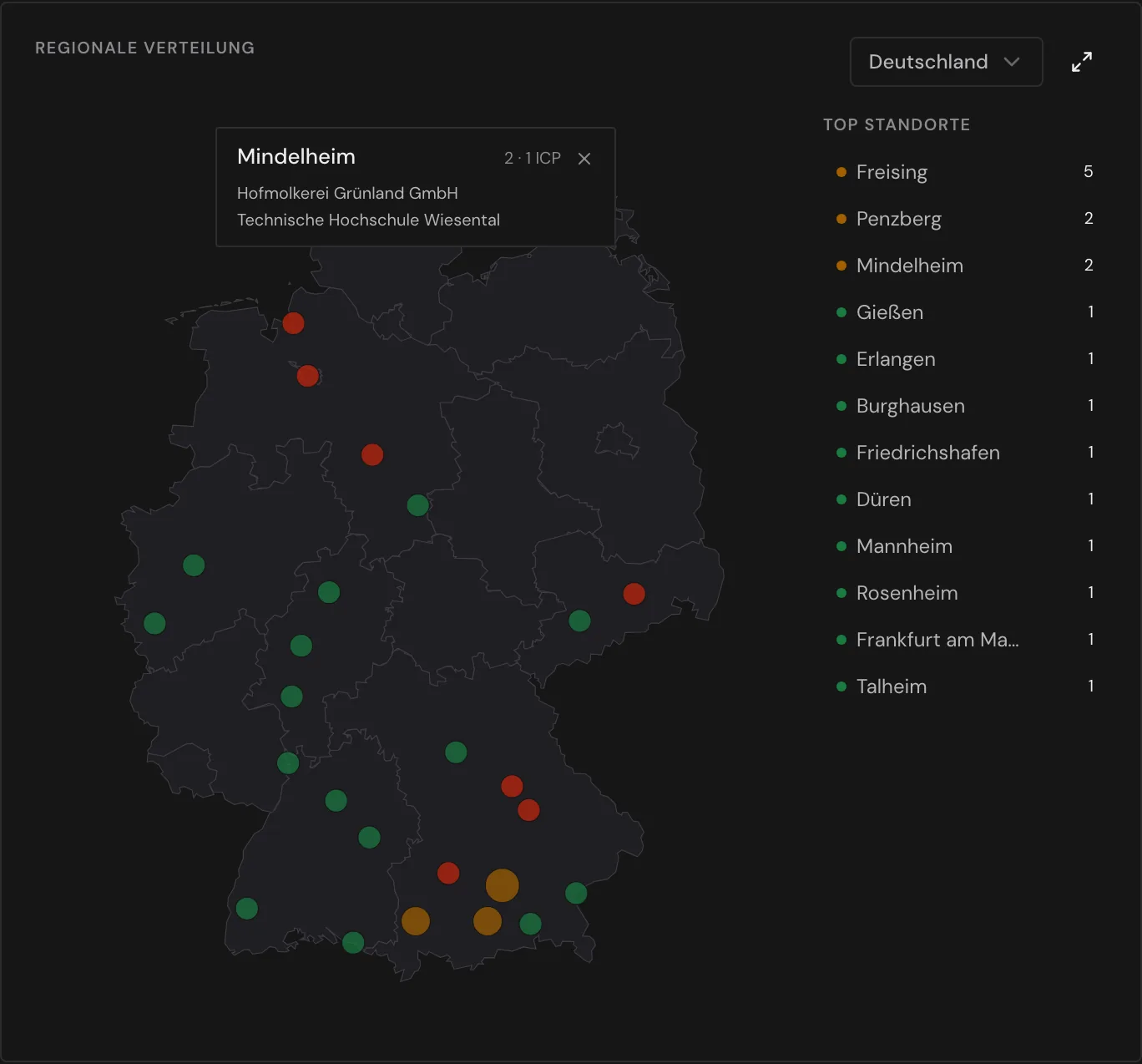 Regionale Verteilung in der Ansicht Deutschland mit einem angehefteten Standort und der Liste Top Standorte
