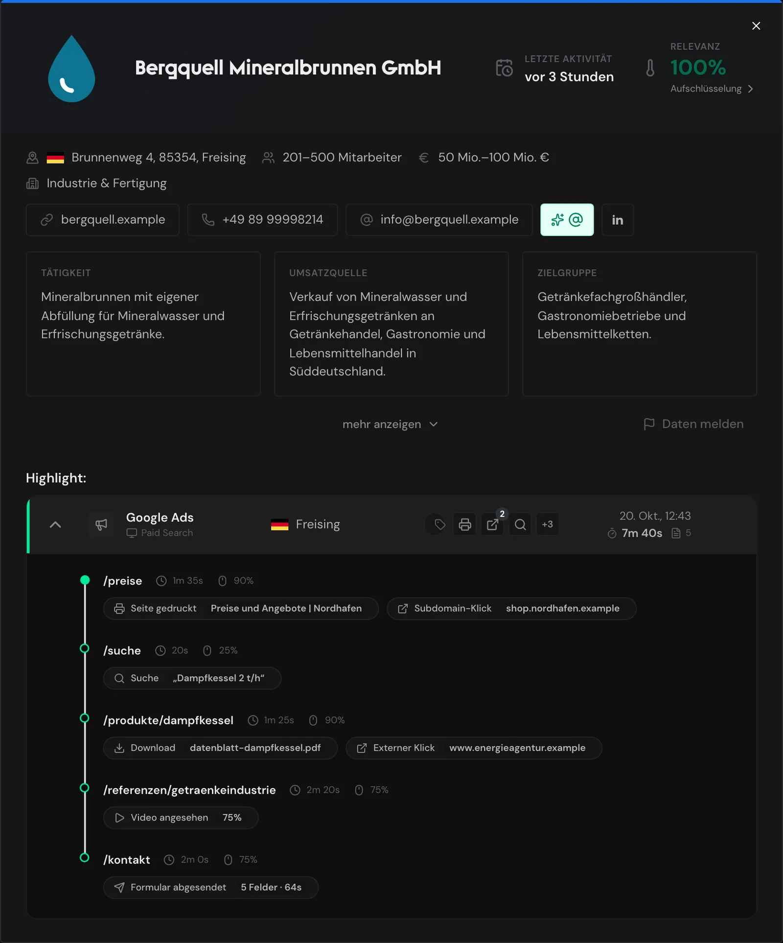 Das Unternehmensfenster von Bergquell Mineralbrunnen mit Profil und hervorgehobener Session
