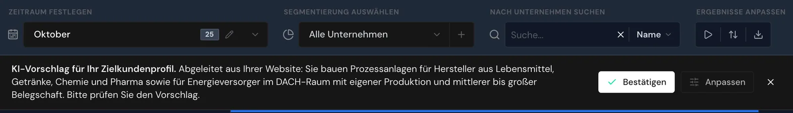 Der Hinweis zum KI-Vorschlag über der Liste mit den Schaltflächen Bestätigen und Anpassen