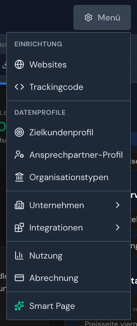 Das geöffnete Menü mit dem Abschnitt Datenprofile und dem Eintrag Zielkundenprofil