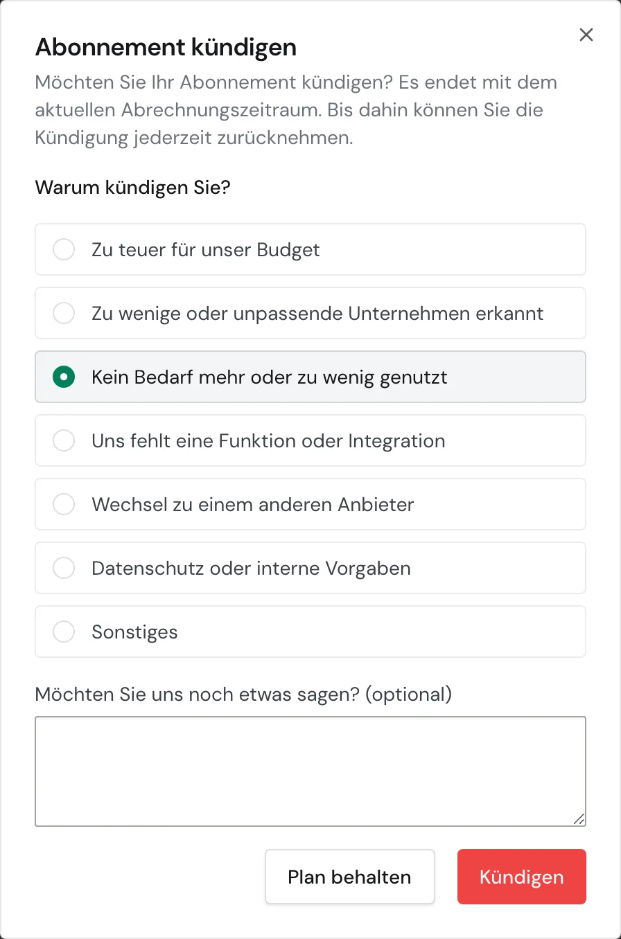 Das Fenster Abonnement kündigen mit einem ausgewählten Grund
