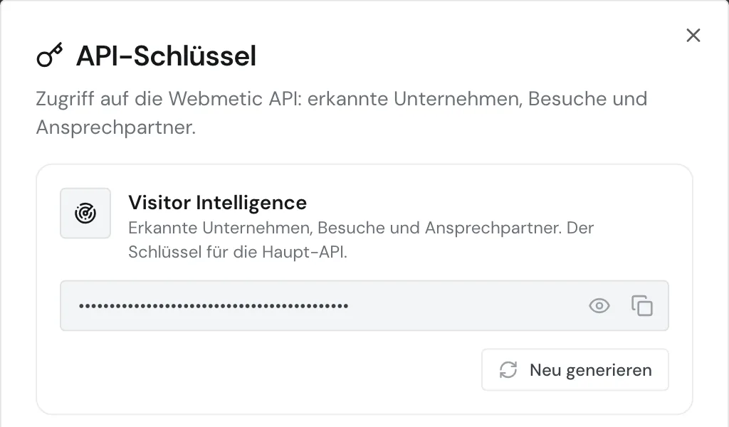 Das Fenster API-Schlüssel mit der Karte Visitor Intelligence und verdecktem Schlüssel