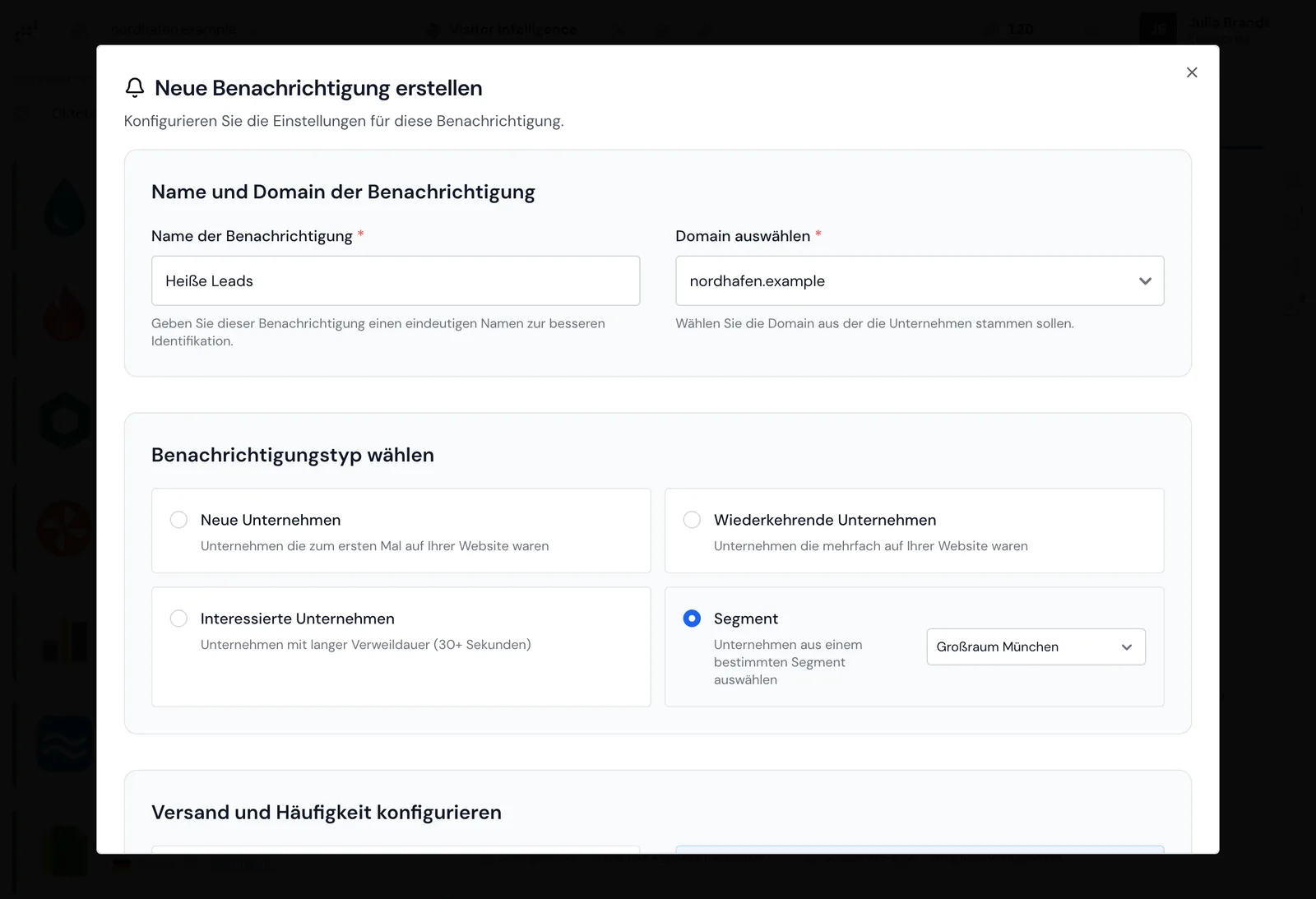 Eine neue Benachrichtigung vom Typ Segment mit dem Segment Großraum München