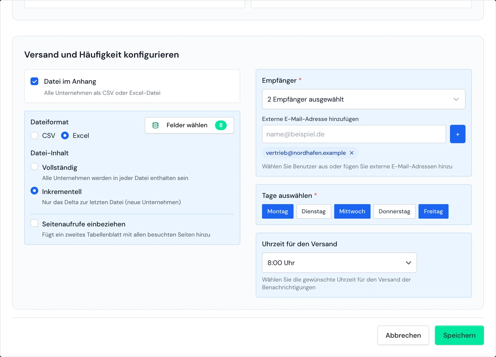 Der Bereich Versand und Häufigkeit mit Excel-Datei, Empfängern, Wochentagen und Uhrzeit