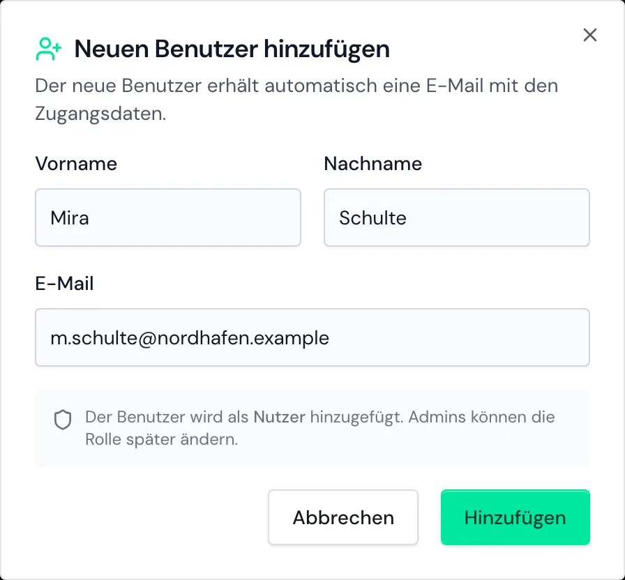Das Fenster Neuen Benutzer hinzufügen mit Vorname, Nachname und E-Mail